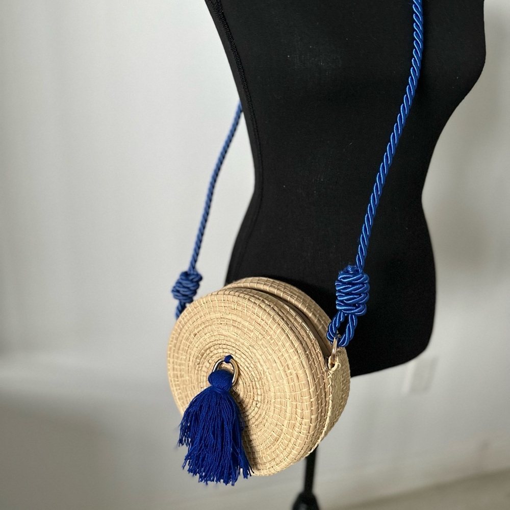 Stylish Beige and Blue Round Woven Bag